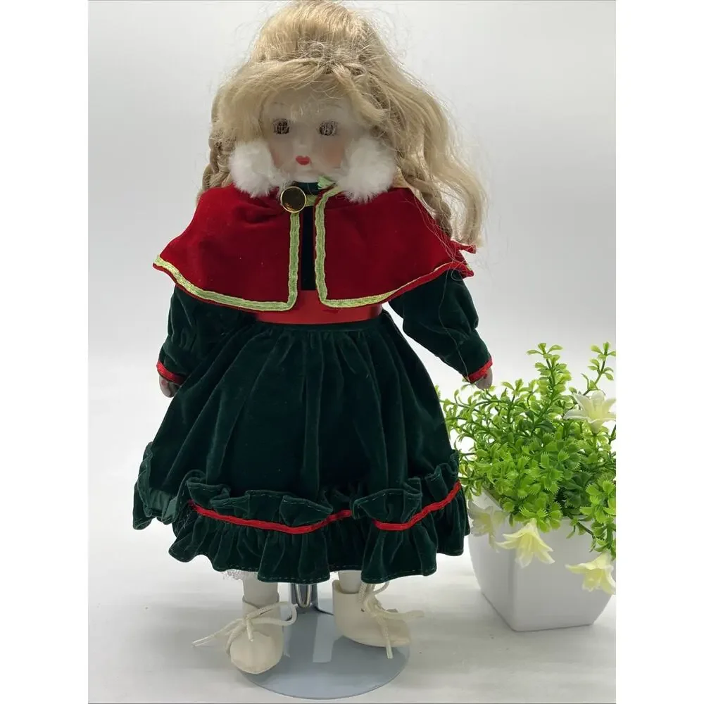 Vintage Porcelain Christmas Doll – Green Dress, Red Cape, Holiday Décor (Blonde)